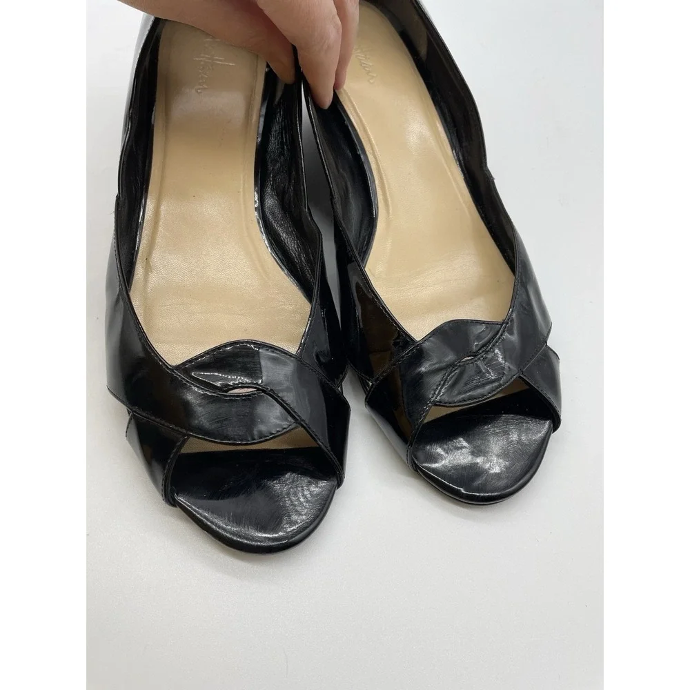Cole Haan Black Patent Leather Peep-Toe Wedge Flats